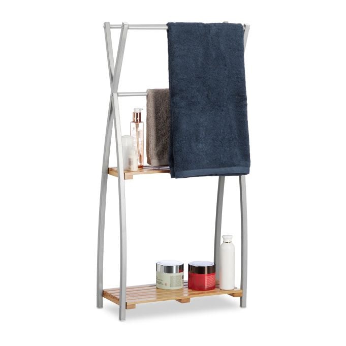 Relaxdays Vrijstaand Handdoekrek met 2 Planken, Bamboe en Metaal, Bruin/Zilver, H x B x D: 93 x 46 x 20 cm