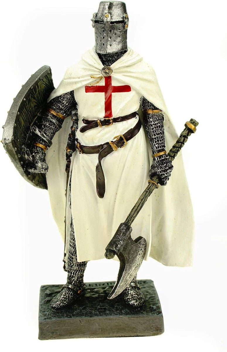 Tempelier Ridder Beeld Decoratief Sculptuur met Bijl en Schild - Zilver-wit - Hoogte: 18 cm