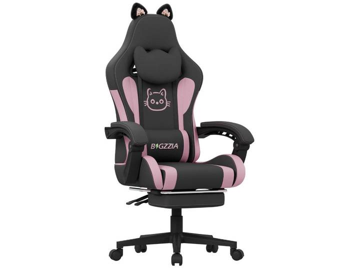 Rattantree Gaming-Stuhl Katzenohren, Massage, Fußstütze – Rosa/Schwarz, Leder, 59x120x56 cm, Büromöbel, Bürostühle, Gaming-Sessel