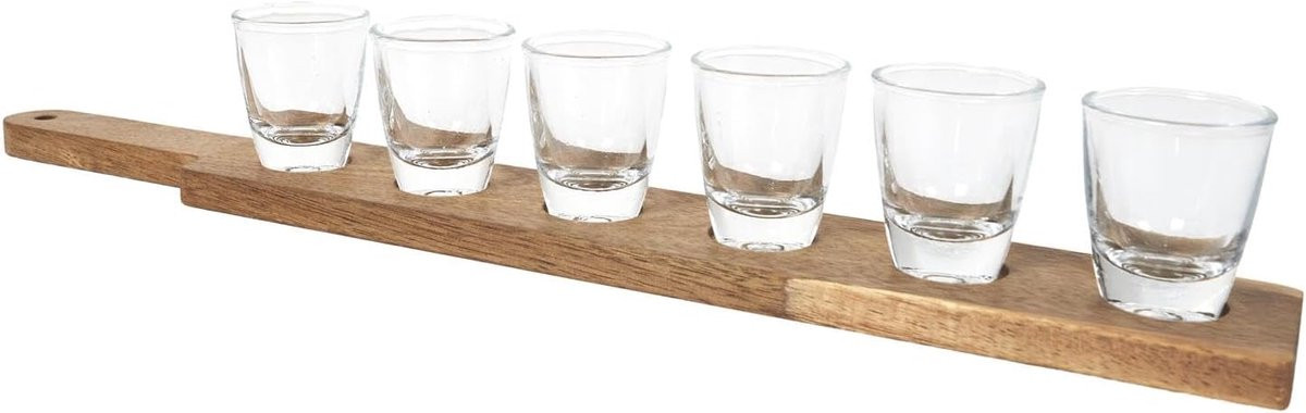 Houten dienblad set met 6 borrelglazen voor het serveren van drankjes