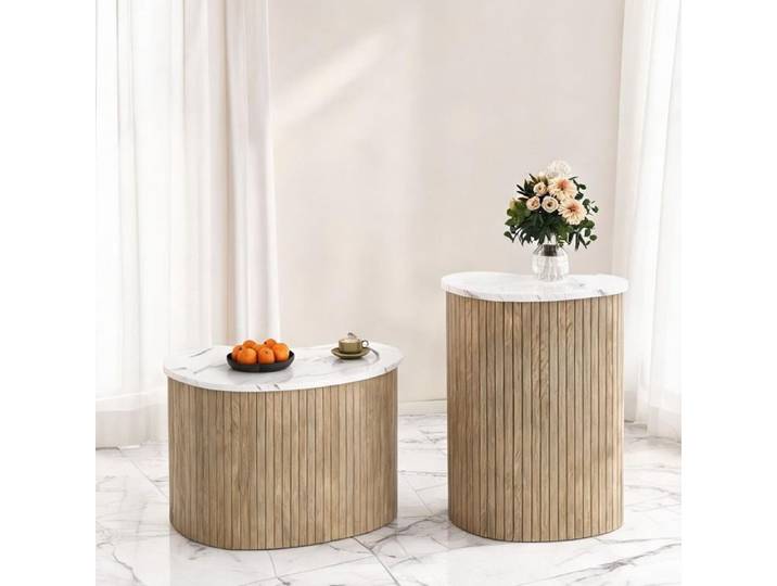 Table basse ovale scandinave en MDF imitation marbre et bois 2 pièces blanc naturel 68 x 58 cm