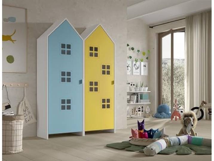möbelando Kleiderschrank >CASAMI Bruges< in Korpus Weiß/Front Blau u. Gelb, MDF