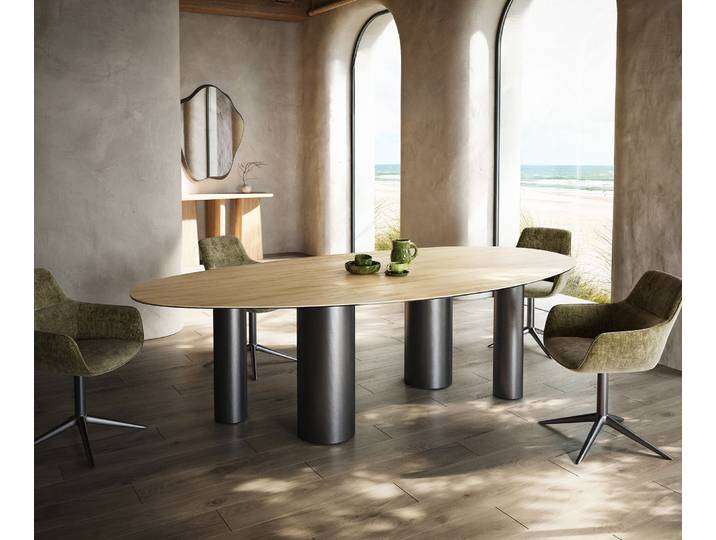 Esstisch Edge Oval 280x130 Keramik Laminam® Sabbia Eichefarbig Pilier Edelstahl Graphit, Esstische