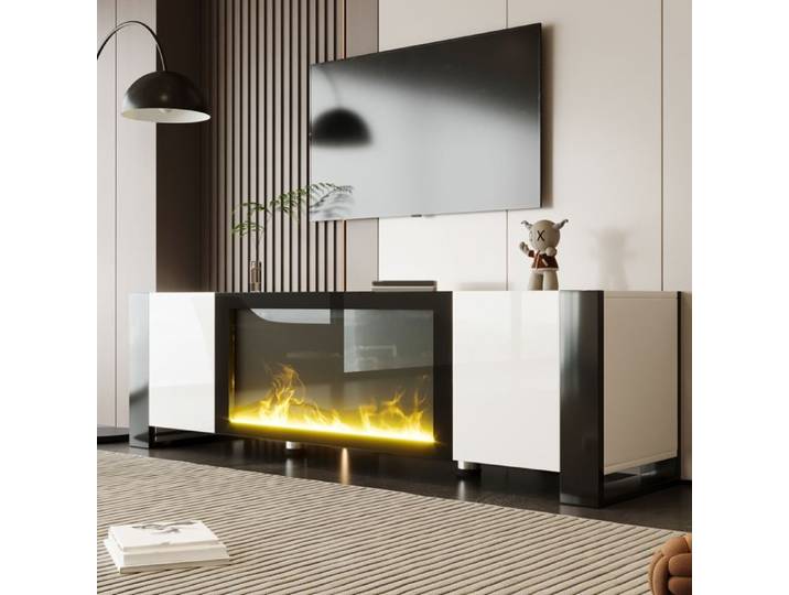 Meuble TV 165x32x55 cm blanc noir brillant avec foyer électrique sans chauffage