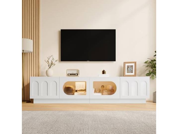 Merax TV Lowboard 200x40x42 cm mit LED-App-Steuerung, Glas- & Bogentüren – modernes Sideboard mit Kabeldurchlass, Weiß