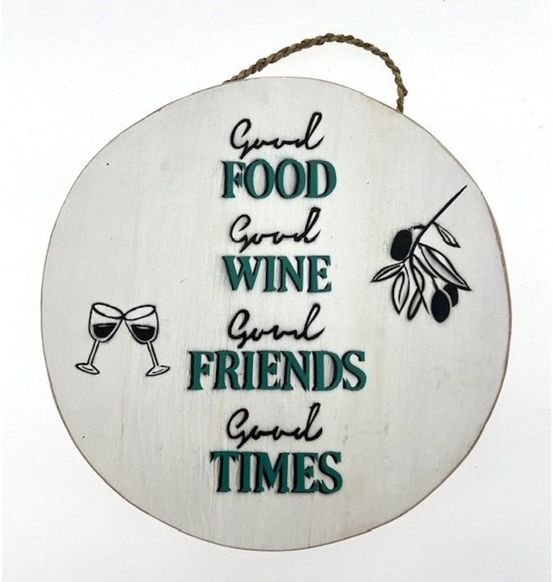 Houten tekstbord Daria Good Food wit rond