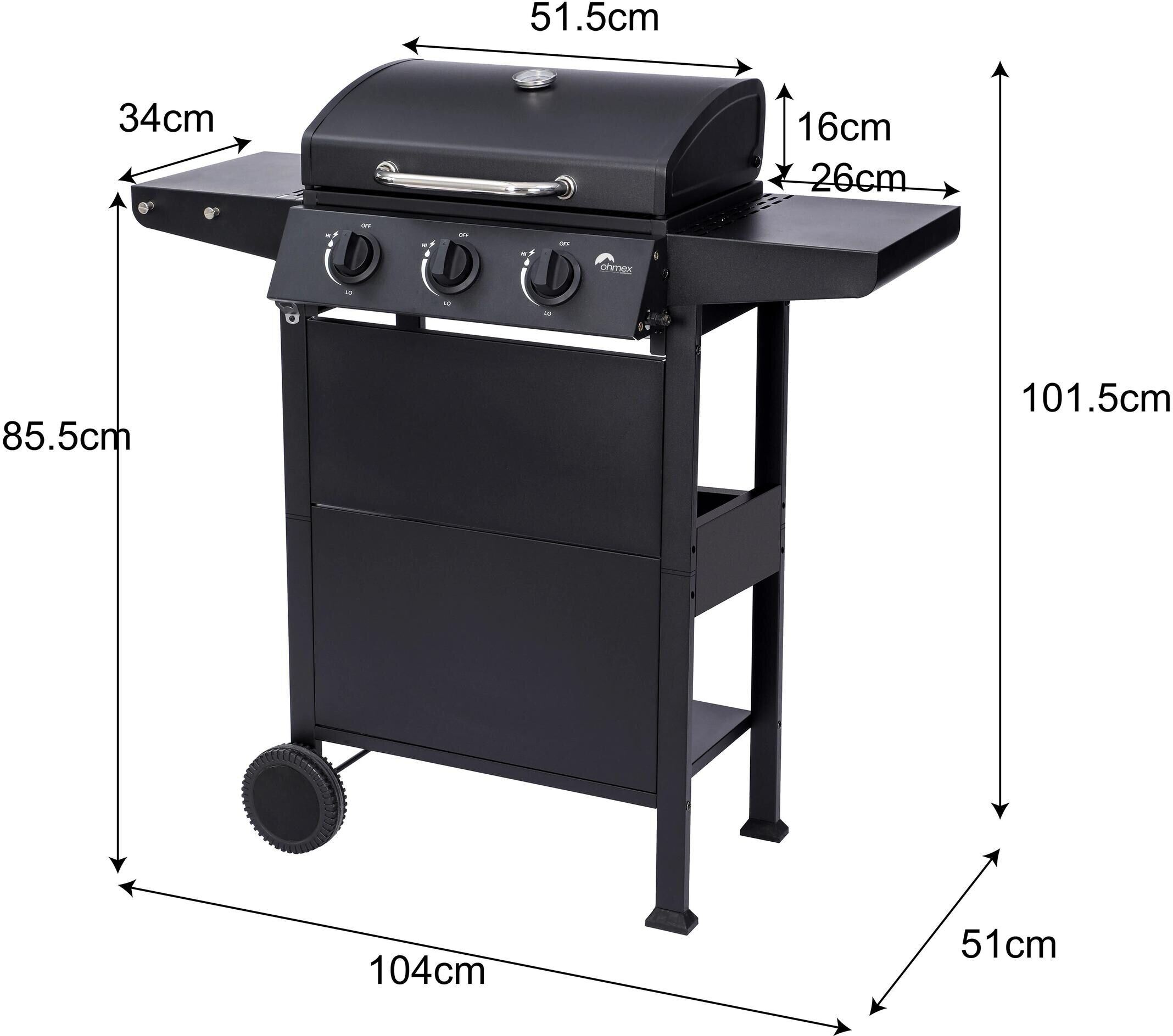 Gasgrill OHMEX "OHM-BBQ-3525", schwarz, B:106cm H:100cm T:50cm, Grills, Gasgrill schwarz B/H/T: 106cm x 50cm