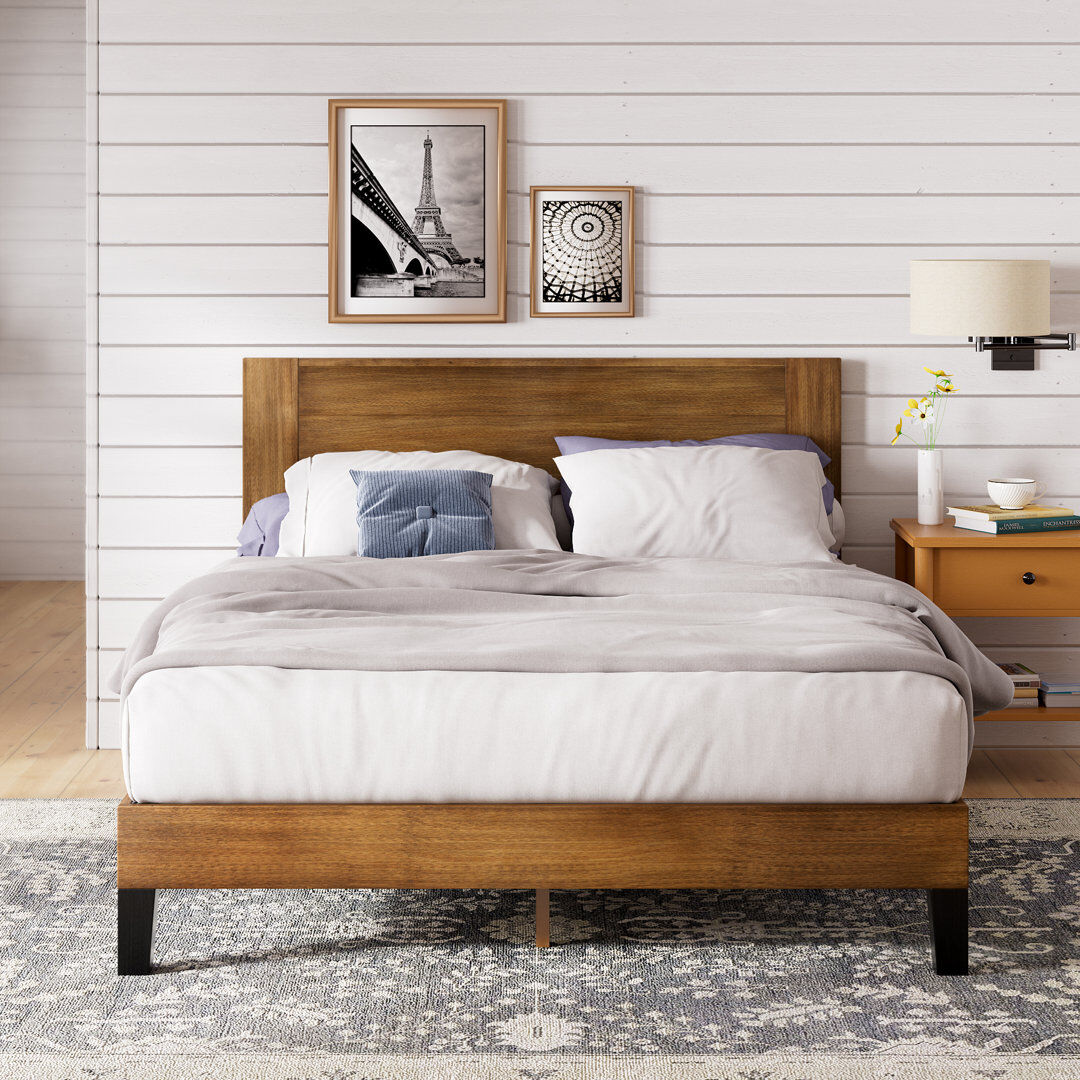 Fernleaf Evelyn Minimalist Solid Wood Bed Frame with Headboard Brown Double (4'6)