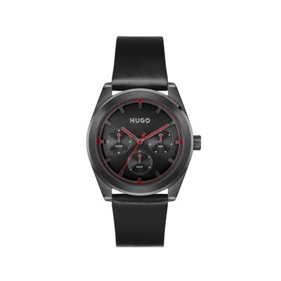 Multifunktionsuhr HUGO "BRIGHT SPORT", schwarz, Armbanduhren, Herren, Quarzuhr, Armbanduhr, Herrenuhr, Lederarmband, analog