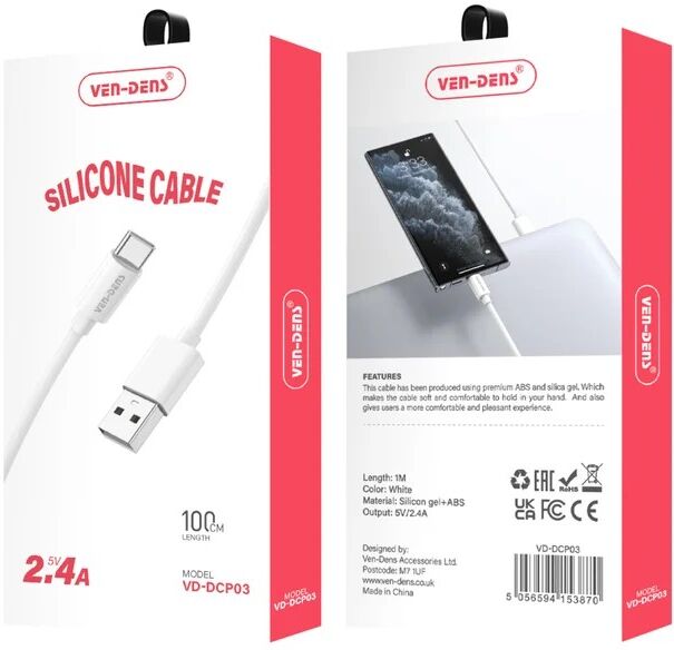 Ven-Dens Silicone USB-A to USB-C Cable, Durable, Heat-Resistant & Reliable, VD-DCP03 - White