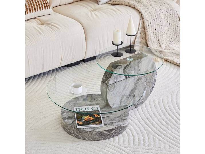 Table Basse 2 Niveaux Verre Sécurisé Gris Table De Salon Moderne FloraGrace Pour Salon Facile A Assembler 90x70x44cm