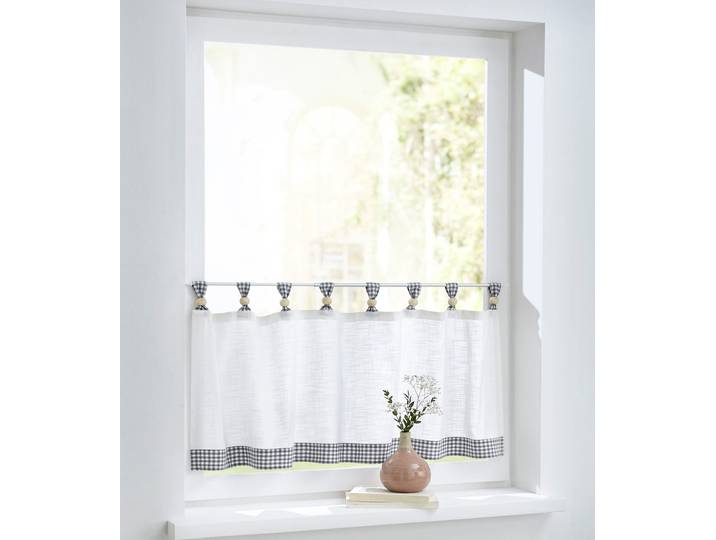 Scheibengardine KUTTI Cottage Panneau Gr. 2, grau (grau,weiß), B:120cm H:50cm, Baumwolle, Gardinen, Scheibengardine, Kurzgardine Karo, Baumwolle, Schlaufen