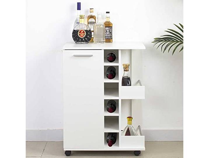 BAKAJI Eckschrank, Bar, Weinregal, Weinregal, Spirituosen, Weinkeller aus Holz, 6 Sitzer, mit Tür und Griff aus Metall, 2 Seitenregale (weiß)