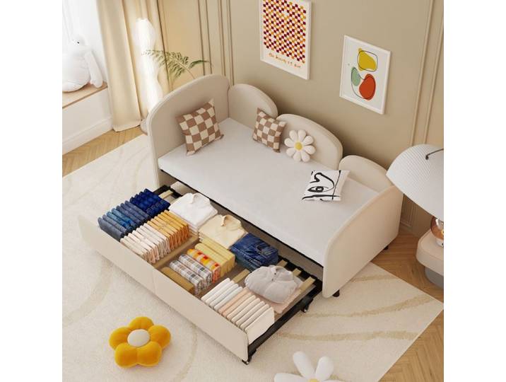 Lit Banquette 90x200 cm avec Lit Tiroir 90x190 cm - Banquette-Lit Convertible Moderne sans Matelas Bois et Métal Velours Beige