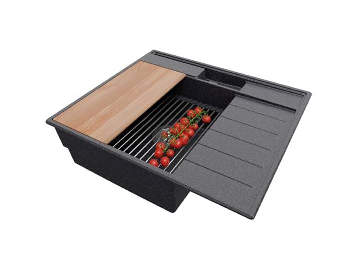 PRIMAGRAN Spülbecken ab 45er Unterschrank + Ablauf-Set, 62x53cm Set: Ablauf-Set (Siphon, Ablaufgarnitur, Überlauf) + Granitspüle 1 Becken - Sydney Pocket, Anthrazit