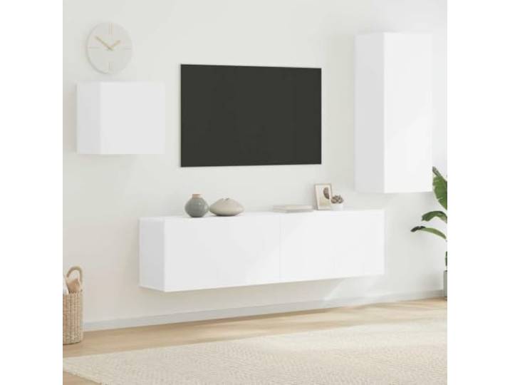 HEFZGDB 4-TLG. Wohnwand Weiß Holzwerkstoff TV Wandschrank Set mit Montagemöglichkeit und Stauraum Lösung