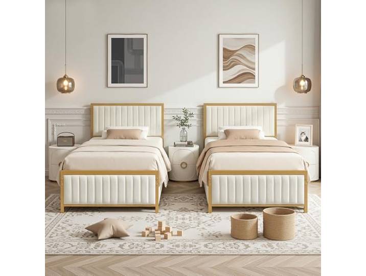 VECELO 2er-Set Polsterbett 90x200 cm, Bettgestell mit gepolstertem Kopfteil und Metall-Lattenrost, 32 cm Stauraum unter dem Bett, kein Boxspring nötig, stabil, für Erwachsene und Jugendliche, Beige