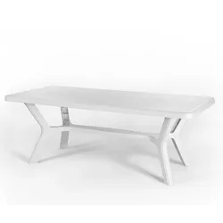 RATTATAN Tisch 200x95 cm aus Harz, Metallkreuzbeine, verstärkte Struktur, Sonnenschirmloch – SAMUEL – Weiß