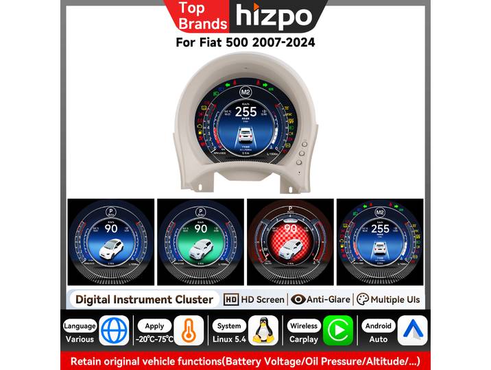 Hizpo Panneau de tableau de bord LCD pour Fiat 500 2007 - 2024, affichage du groupe d'instruments, compteur de vitesse, ensemble de jauges, cockpit virtuel