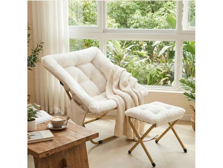 Fauteuil relax avec tabouret Fauteuil salon pliable métal pour salon chambre à coucher-(Beige)