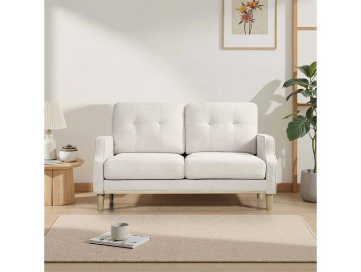 Canapé 2 places - Relaxation - Port USB - Pieds en bois - Tissu beige capitonné