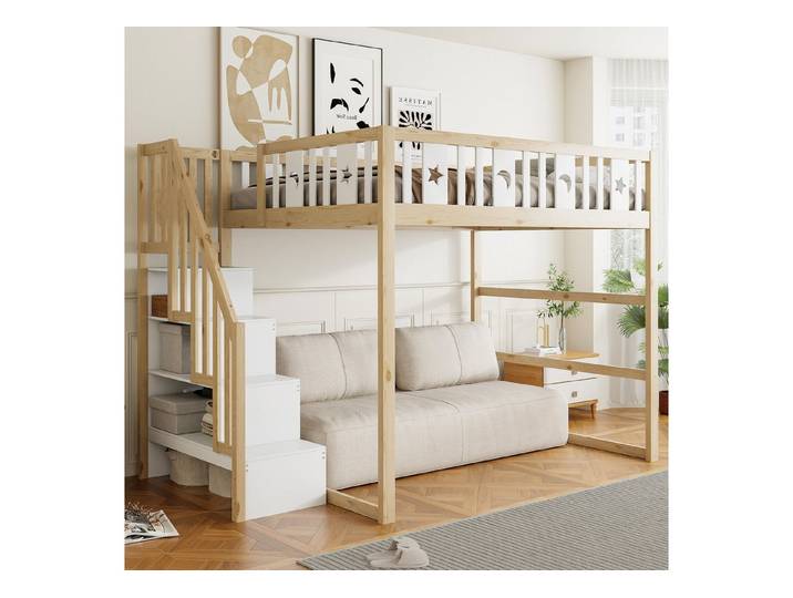 MODFU Hochbett mit Treppe, Jugendbett (Funktionsbett mit Sicherheitsgeländer & Dekoration, Stern & Monddesign, Kinderbett 140x200 cm) Inklusive Matratze