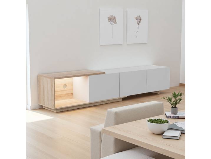 Meuble TV Rosahqnda avec éclairage LED, table TV avec 3 tiroirs, meuble TV bas moderne, meuble de rangement TV pour salon, 240x38x44cm
