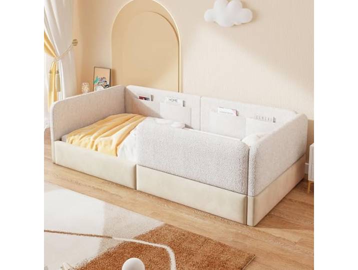 BTM Kinder Bodenbett 90x200 Samt + PU Kinderbett mit Rausfallschutz Polsterbett mit Aufbewahrungsbeutel, Weiß (ohne Matratze)