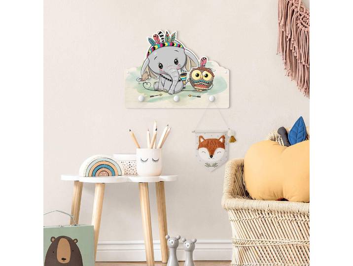 Patère enfants Éléphant et hibou 40 x 30 x 1cm Multicolore/Gris