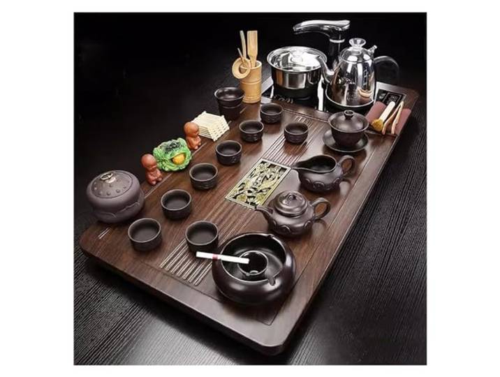 JFNGGHEB Chinesisches Kung Fu Tee-Set, Automatische Teekanne for zu Hause, Gongfu Tee-Set, Teezeremonie, Teetasse, Elektroherd, Teetisch, Teetablett aus Massivholz, Keramik-Tee-Set(Style-3)