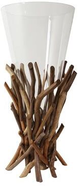 BIDK Home Vase Glass Driftwood Pedestal Vitex Parviflora Lg