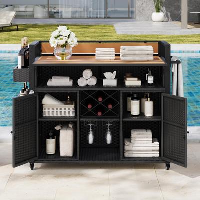 CARMORICO "52.8""W Wicker Outdoor Grill Cart - Extended Plastic Wood Table Top, Rolling Kitchen Island"