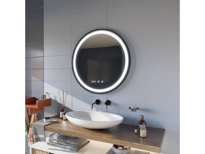 Miroir de Salle de Bain Alessandro Design 60cm Desembuage Horloge Temperature Cadre Noir