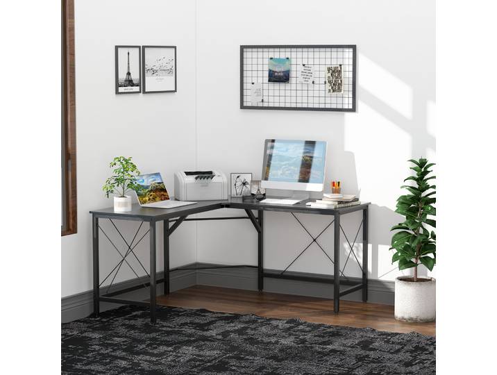 HOMCOM Bureau d'angle Bureau Informatique Design Moderne métal MDF Imitation Bois Noir
