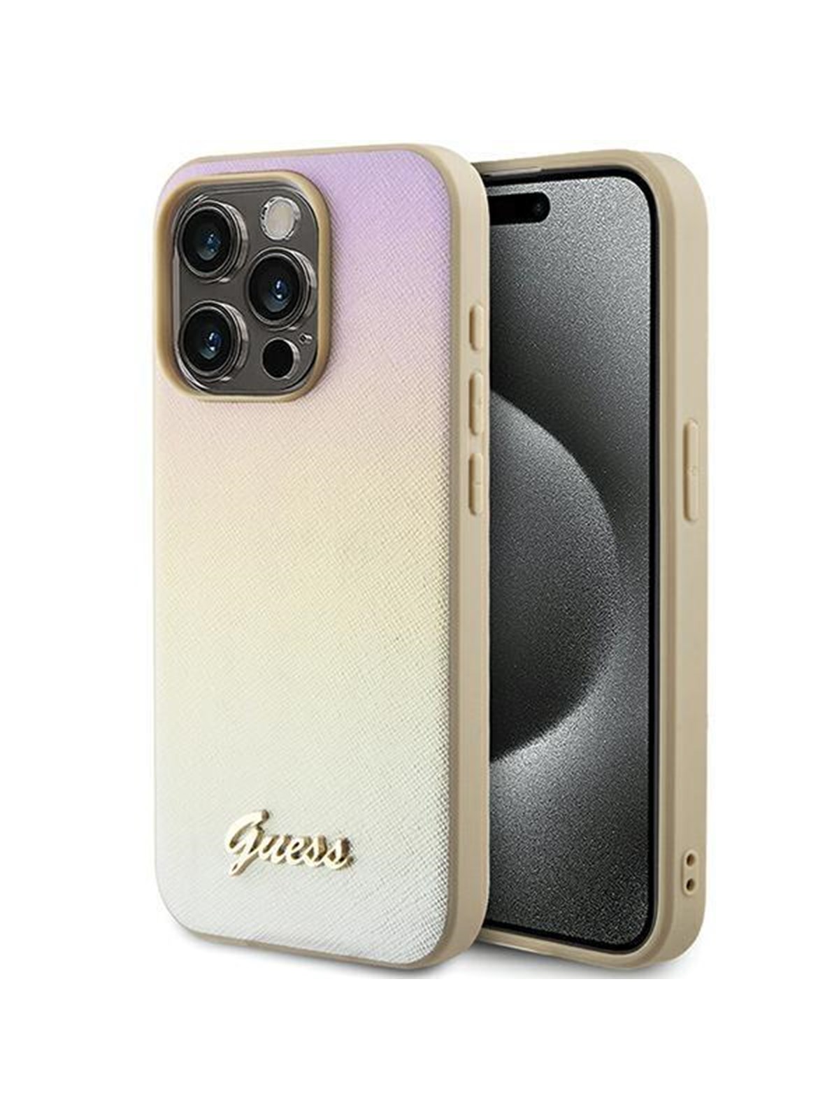 GUESS Saffiano Iridescent Script case for iPhone 15 Pro - gold