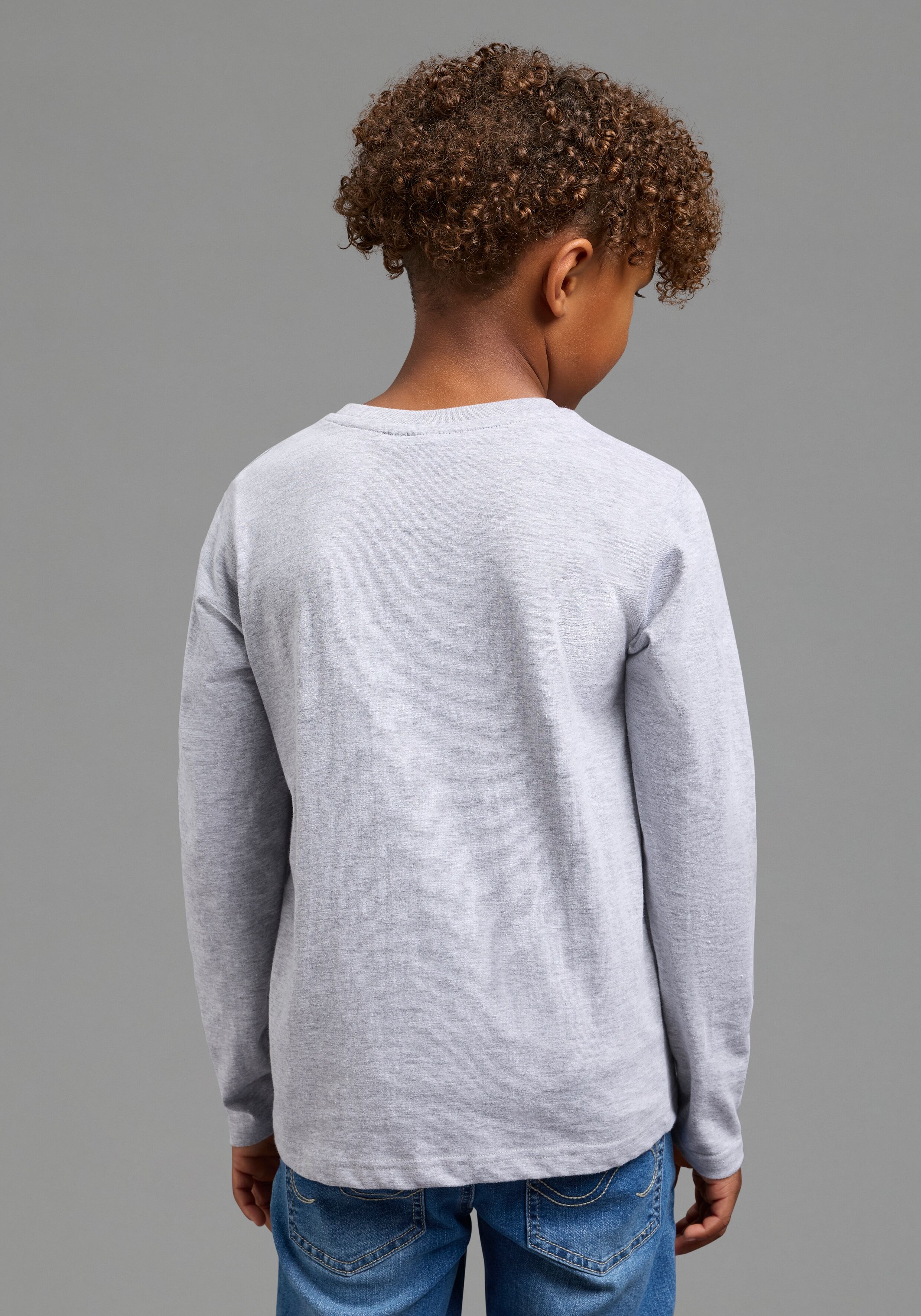 Langarmshirt KIDSWORLD "MONSTERS Shirt, Disney", Jungen, Gr. 128/134, grau (graumeliert), Single Jersey, Obermaterial: 93% Baumwolle, 7% Polyester, bedruckt, Basic normal, Rundhals, Shirts Langarmshirt, Disney-Shirt, Basic-Passform, Langarm, mit modischem