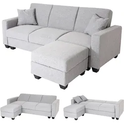 Sofa MCW-H47 mit Ottomane, Couch Sofa Gästebett, Schlaffunktion Stauraum 217x145cm ~ Stoff/Textil hellgrau