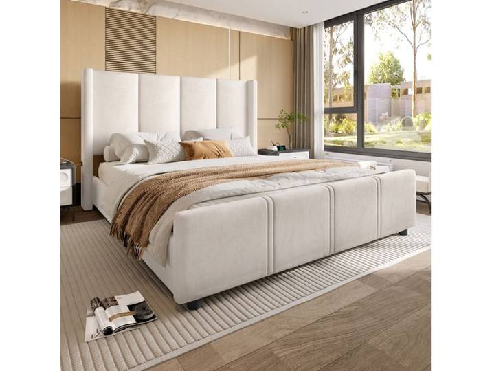 VUENOR Cadre de lit rembourré 140x200 cm beige avec ports USB et tête de lit haute