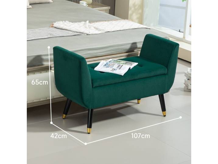 Banc de luxe Banc rembourré avec espace de rangement Accoudoirs Banc coffre Polyester velouté Bois caoutchouc Vert 107 x 42 x 65 cm
