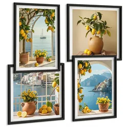 BILDER SET 4er Set - 50x50 cm & 40x60 cm Schwarzer Rahmen - Zitronenblumen aus der Küstenstadt