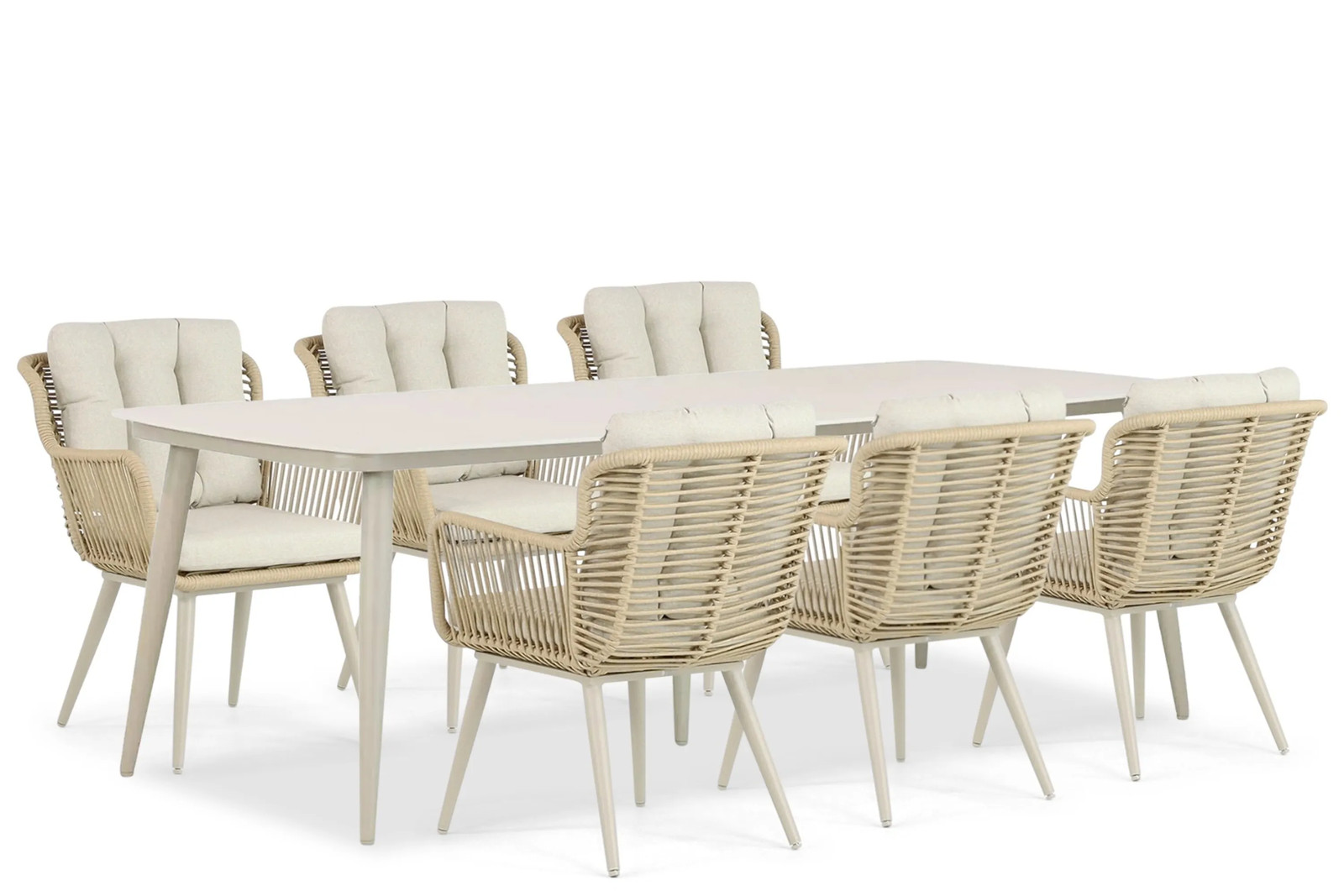 Coco Custa/Vienna 7-delige moderne eettafelset voor tuin en terras met aluminium en rattan in beige/zand, Breedte: 240 cm