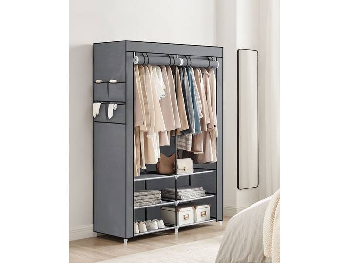 SONGMICS Stoffschrank, Kleiderschrank, 2 Hängefächer, mit Ablagen, 4 Seitentaschen, grau
