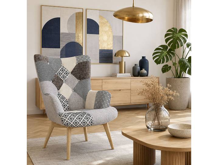 The Home Deco Factory - Fauteuil Helsinki Patchwork Gris Home Deco Factory