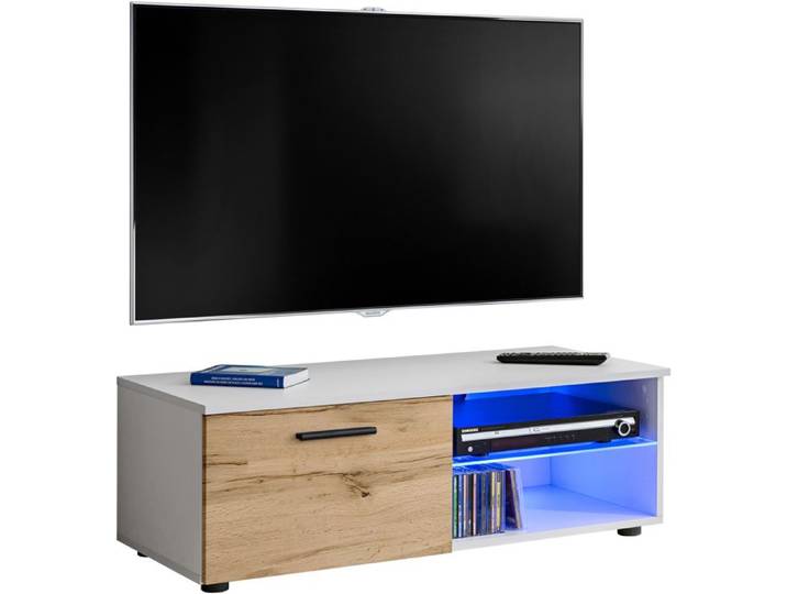 Meuble TV - Extreme Furniture - T32-100 - LED bleues - Bois naturel & Blanc - Façades en Brillant