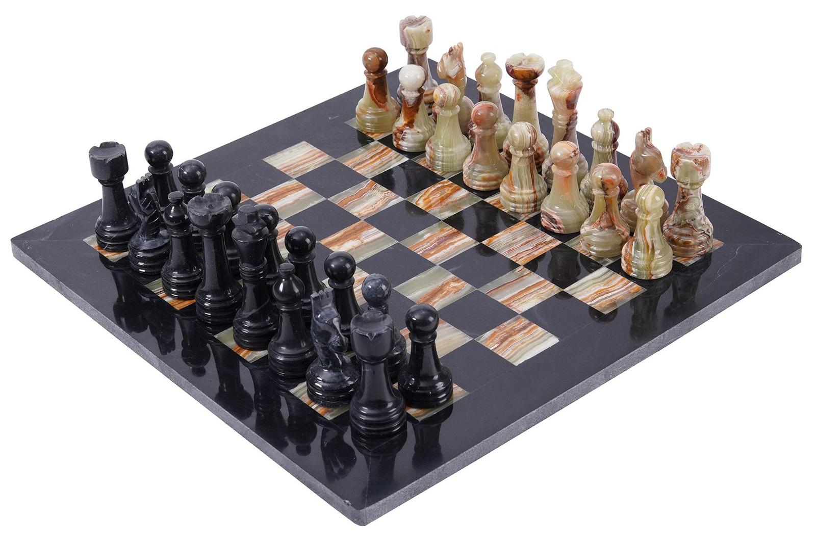 Schachspiel aus Marmor - Schachbrett 15 Zoll - 32 Schachfiguren - Schwarz und mehrfarbig - Handpolierter Naturmarmor
