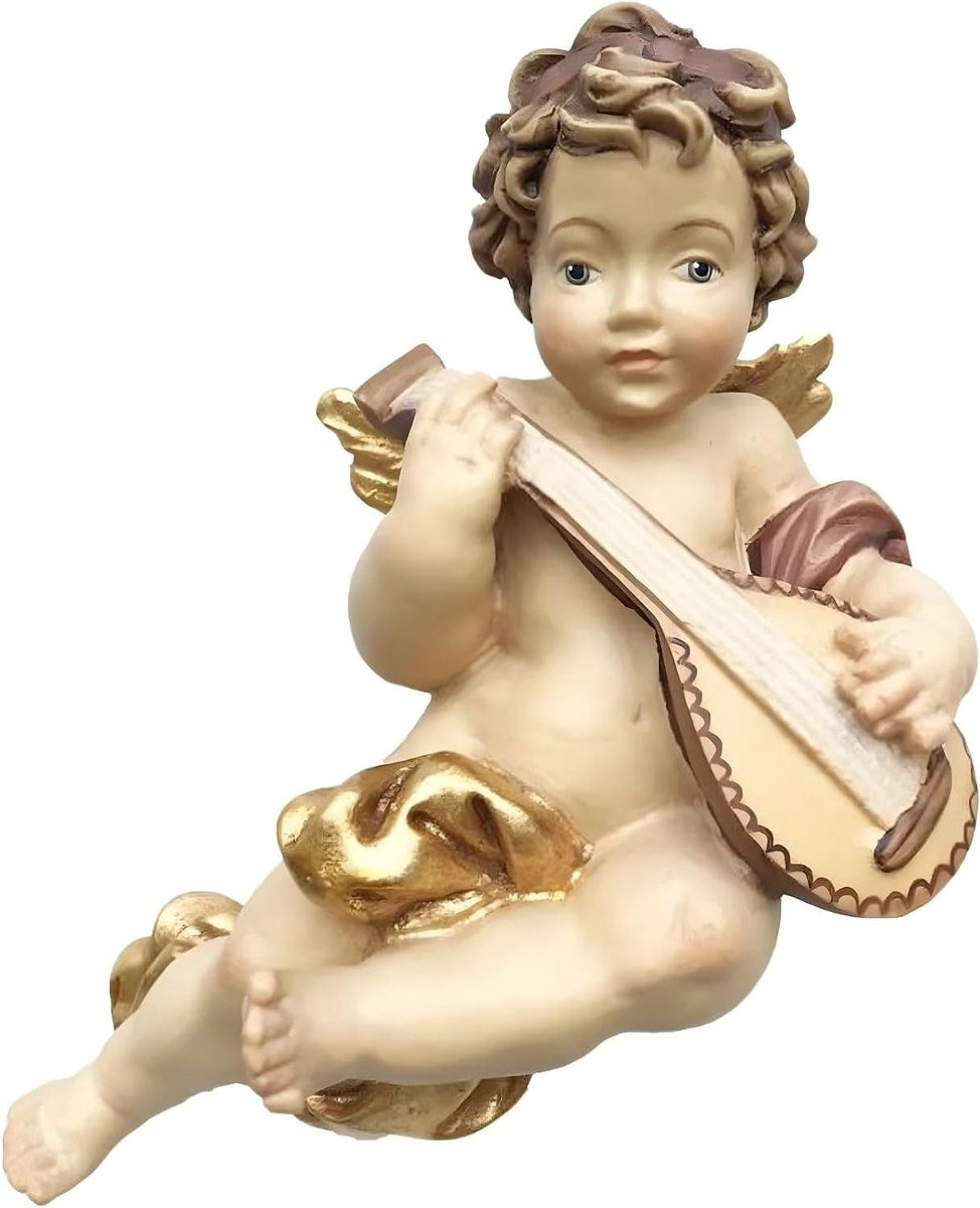 Vliegende Engel Muzikant Beeldje - Handbeschilderd Houten Religieuze Decoratie - Hoogte: 8 cm - Meerkleurig