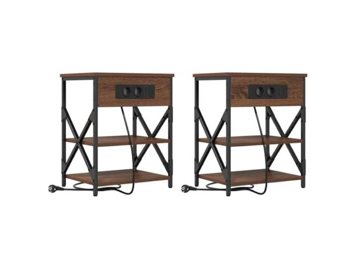 KUPTYERFG Nachttisch 2er Set mit Steckdose Braun Eichen-Optik 41x31x51cm Praktisches 2er-Set Beistelltische fürs Schlafzimmer mit integrierten Steckdosen, offenem Stauraum und robustem Stahlrahmen.