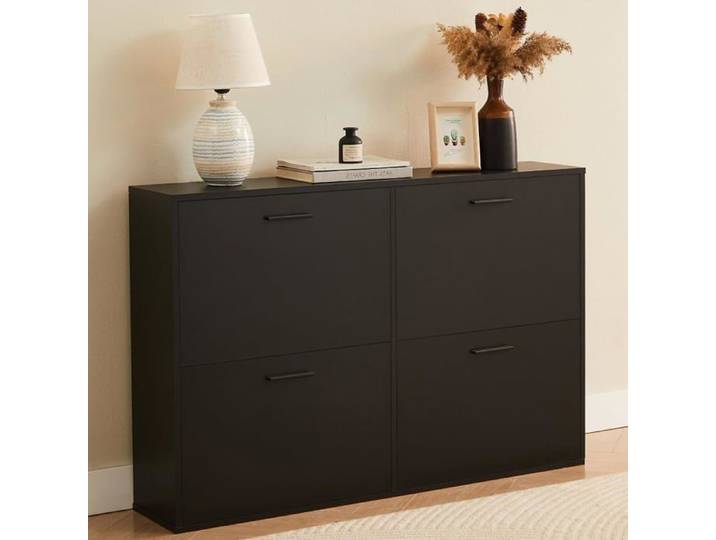 CASABEL Meuble à Chaussures 4 Abattants - Armoire à Chaussures Design - Meuble de Rangement Entrée 24 Paires - Noir