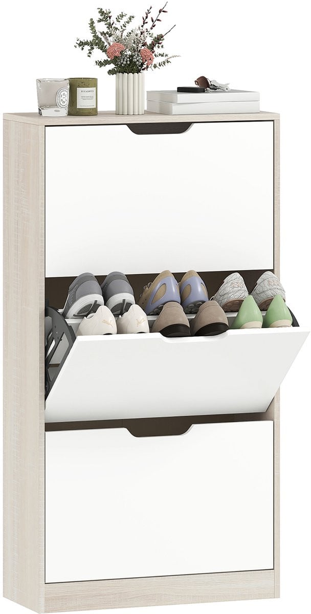 HOMCOM neerklapbare schoenenkast in eiken en wit, B: 62,5 cm, D: 26 cm, H: 117,5 cm
