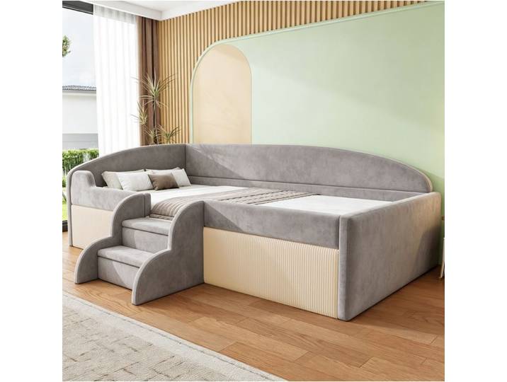 Lit Enfant Rembourré Velours Gris Lit Rembourré Moderne FloraGrace Pour Chambre D'Enfant Avec Escalier Intégré 90x190cm